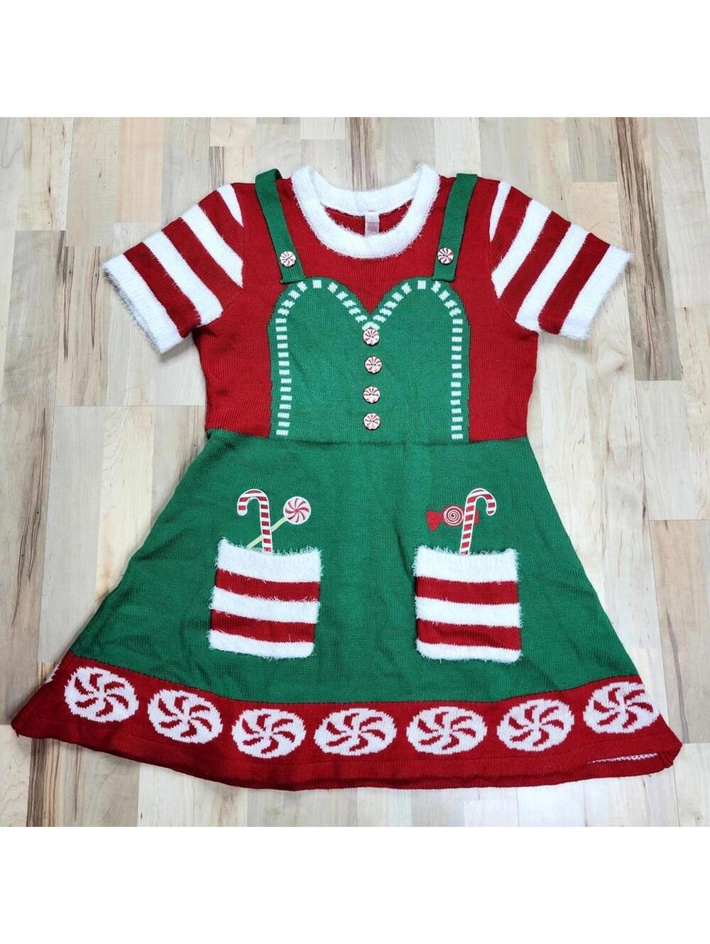 Festive Red & Green Knit Dress with Candy Cane Pockets and Peppermint Details